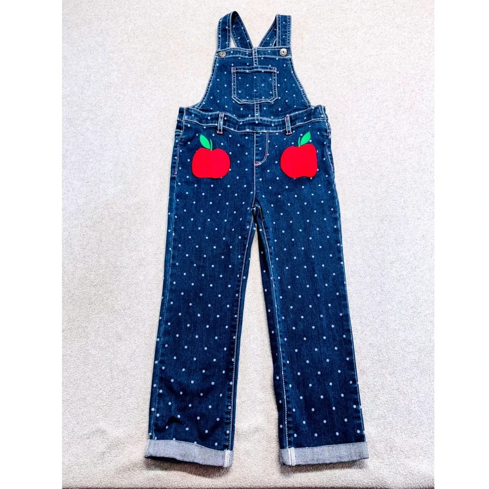 Gymboree Denim Overalls Kids 5T Dark Blue Polka Dot Apple Patch Classic School